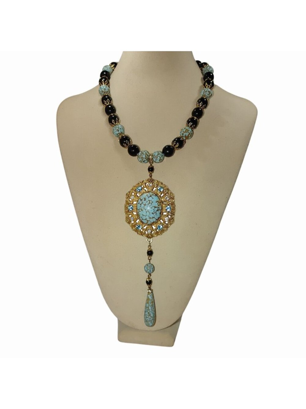 Heavy Teal Black Beaded Necklace Vintage Gold Tone Filigree Cap Stone Rhinestone